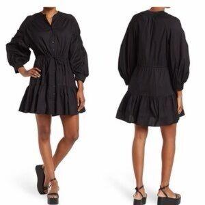 ASTR Black Ruched Long Sleeve Dress Flared Billowy Skirt Tie Waist